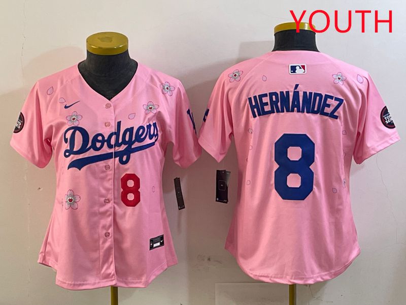 Youth Los Angeles Dodgers 8 Hernandez Pink Sakura Edition 2025 Nike MLB Jersey style 1